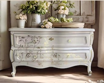 Low Two Drawer Bombe Chest | Elegant Taupe with Gold Bird Motif | Bombe Trunk | Elegant Sophisticated Glamourous Low Boy