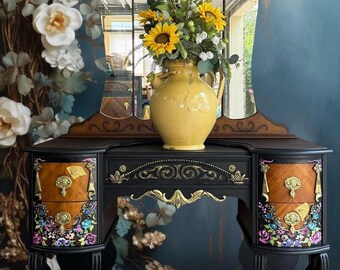 Custom Elegant Hand-Painted Art Deco Revival Vanity & Chest Suite | Custom Luxury Furniture | Romantic heirloom Collection