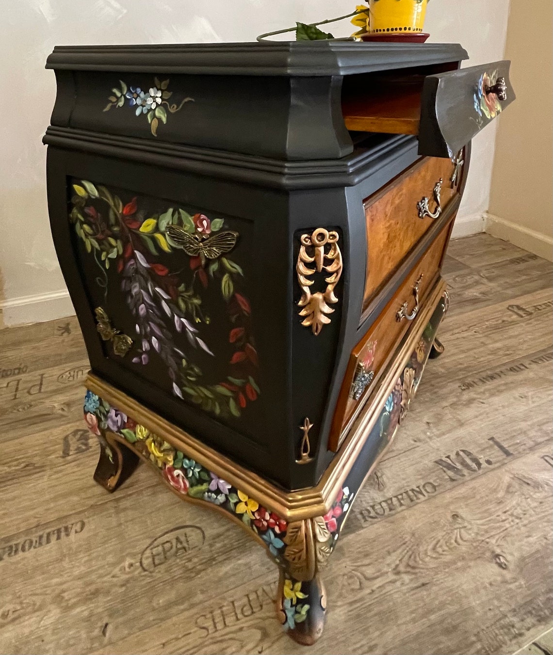 Chestdresser Black Floral Bombe Chest French Bombe Chest Etsy