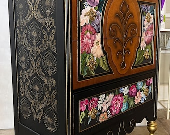Hand Painted Jacobean Chest | Floral Accent, Gold Stenciled Sides | Custom Vintage Heirloom Painted Furniture | Heirloom Romance Collection