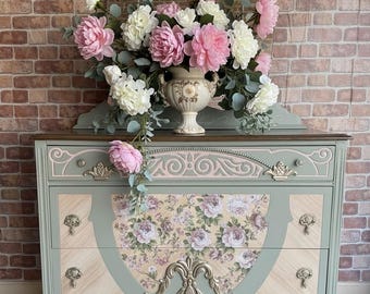 Vintage Dresser and Mirror | Hand Painted Pastel Green Pink Floral Dresser | Sold Custom Orders Available | English Rose Collection