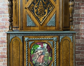 Jacobean Natural Wood Hutch with Hand Painted Lady in Vinyard Mural- Vintage  Furniture| | Antique Renaissance Revival Dining Jacobe