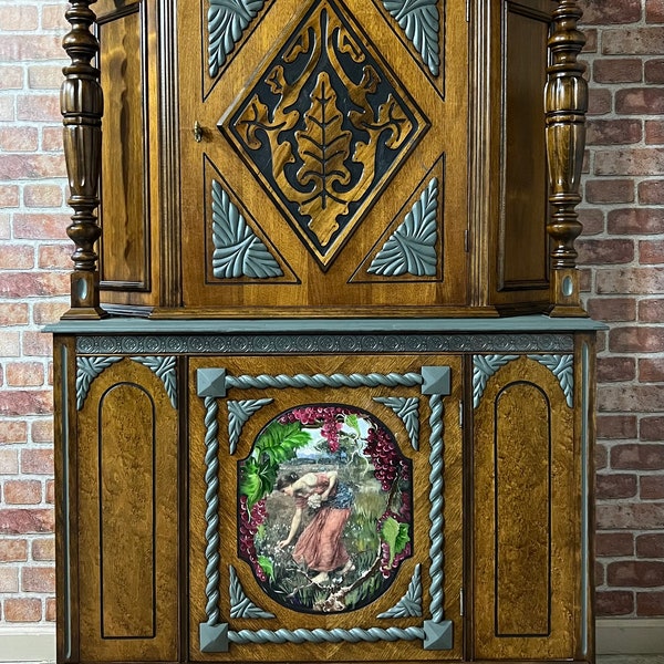 Jacobean Natural Wood Hutch with Hand Painted Lady in Vinyard Mural- Vintage  Furniture| | Antique Renaissance Revival Dining Jacobe
