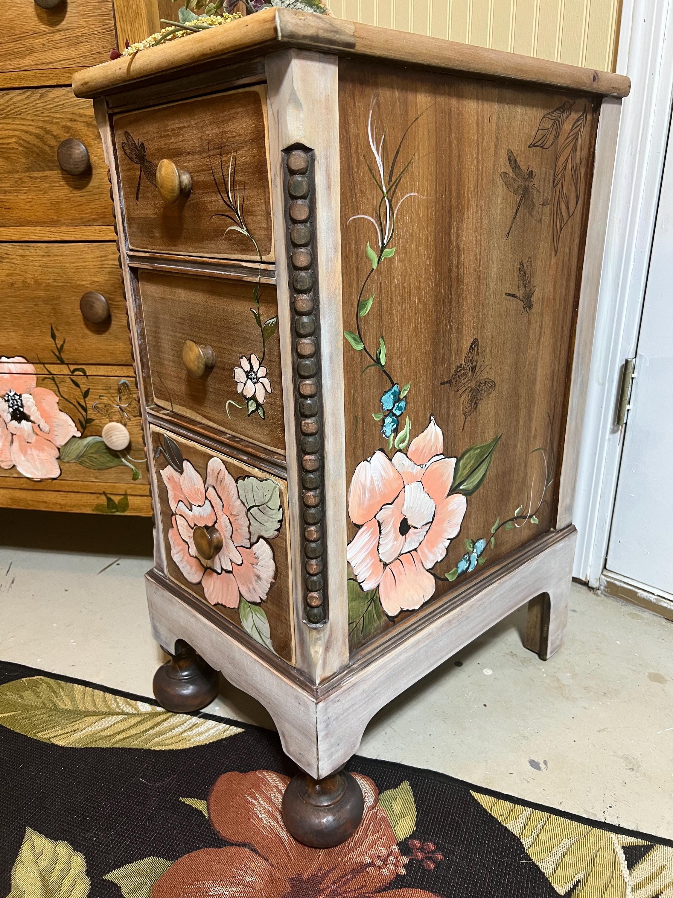 Rustic Chest Side Table Hand-painted Floral Oak Chest & Side Tables | Rustic Artist Furniture ...