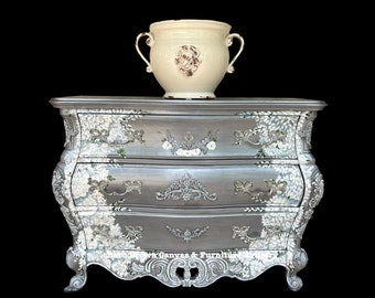 Elegant Romantic Metallic Silver White Floral Bombe’ Chest Dresser | Silver White Floral Painted Bombe | Custom Order Sold Donot Purchase