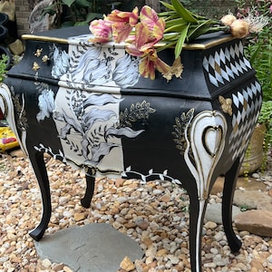 Custom Order Option | Whimsical Black White Harlequin Tulip Bombe | Painted Furniture | Contact Shop for a Similar Custom Order