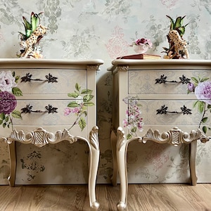 Custom Order Option | French Sidetables with a Romantic Floral  Brocade Design on a Cream Taupe Background | Contact Shop for a Custom Order