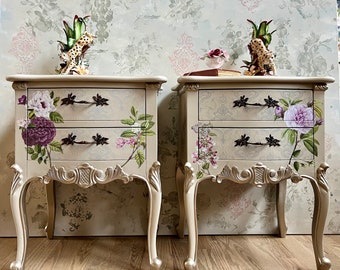 French Sidetables with a Romantic Floral  Brocade Design on a Cream Taupe Background | Accent Tables | Sold Contact Shop for a Custom Order