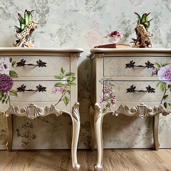 French Sidetables with a Romantic Floral  Brocade Design on a Cream Taupe Background | Accent Tables | Sold Contact Shop for a Custom Order