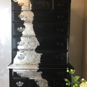 Black Highboy Dresser | Silver Leaf Gothic Furniture | Custom Order Option