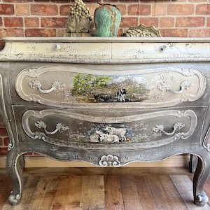 Customizable Farmhouse Bombe Chest | Distressed Crackle Finish Bombe | Country French Vignette Dresser | Contact Shop for a Custom Order