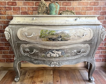 Farmhouse Bombe Chest | Distressed Crackle Finish Bombe | Country French Vignette Dresser | Sold Contact Shop for Similar Custom Orders