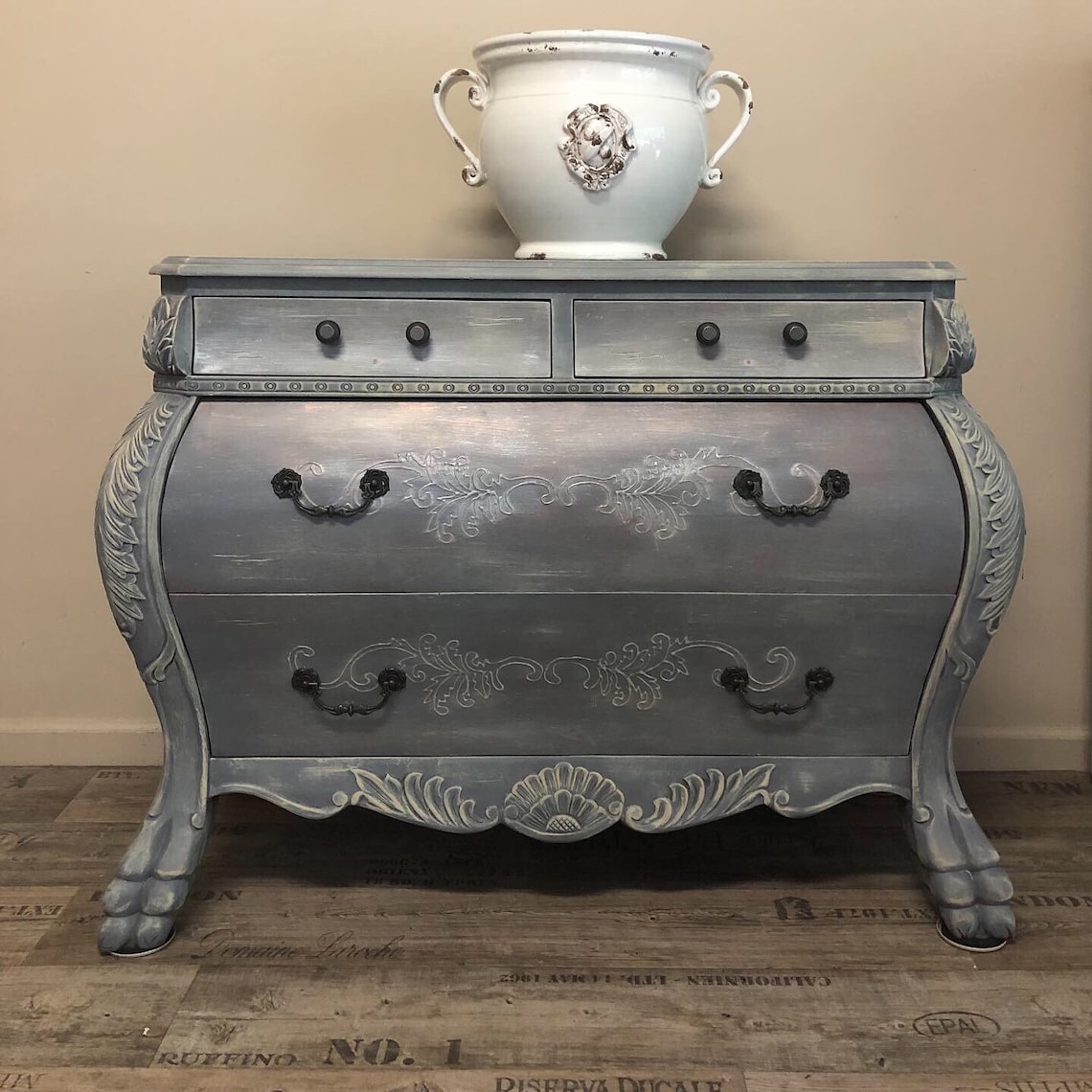 Sold Metallic Painted Furniture Gray Bombe Dresser Etsy