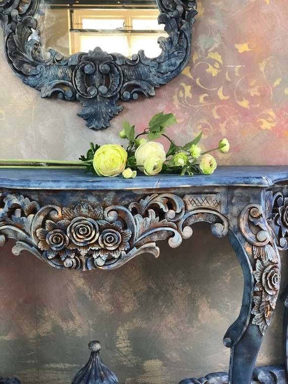 Ornate Carved Console Table and Mirror Hand Painted Blue Multi