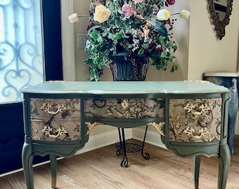 Vintage French Vanity Desk | Country French Decor | Gold Guilded Pink Brocade Desk on a Green Gold Background | Bassett Vintage Vanity