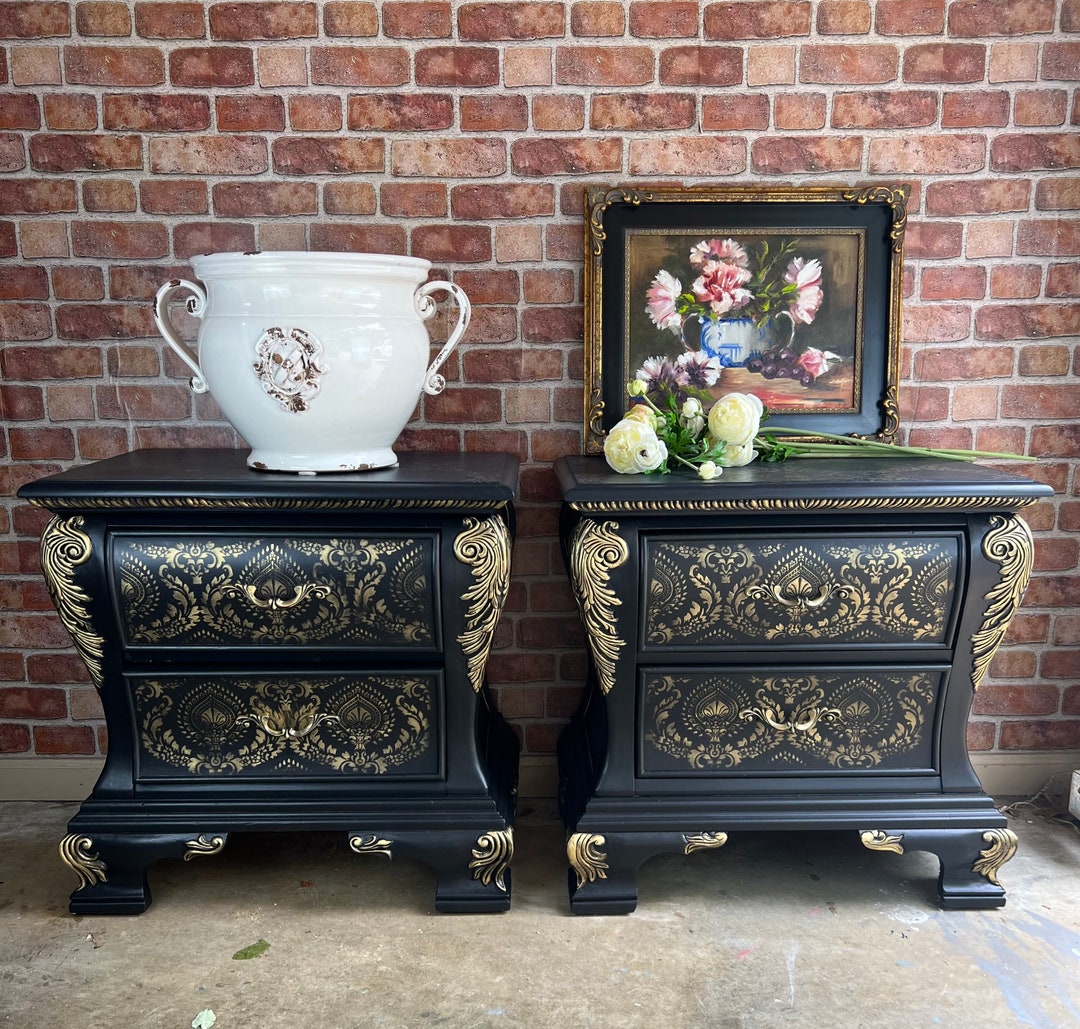 Bombe Nightstands Pair Black and Gold Nightstands Black and Gold