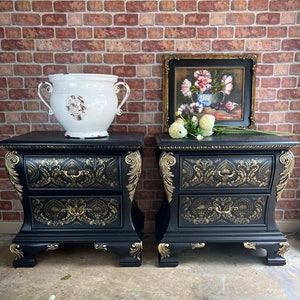 Bombe Nightstands Pair Black and Gold Nightstands Black and Gold
