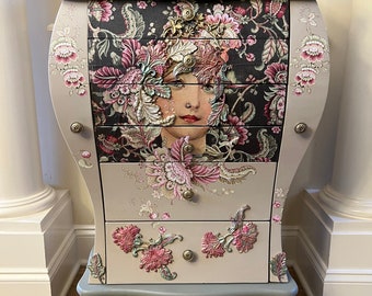 Bombe Shaped Jewelry Armoire with a 3D Pastel Pink and Green Floral Paisley Design and Bohemian Lady Portrait  | Jewelry Keepsake Orgainizer