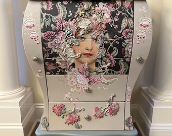 Bombe Shaped Jewelry Armoire with a 3D Pastel Pink and Green Floral Paisley Design and Bohemian Lady Portrait  | Jewelry Keepsake Orgainizer