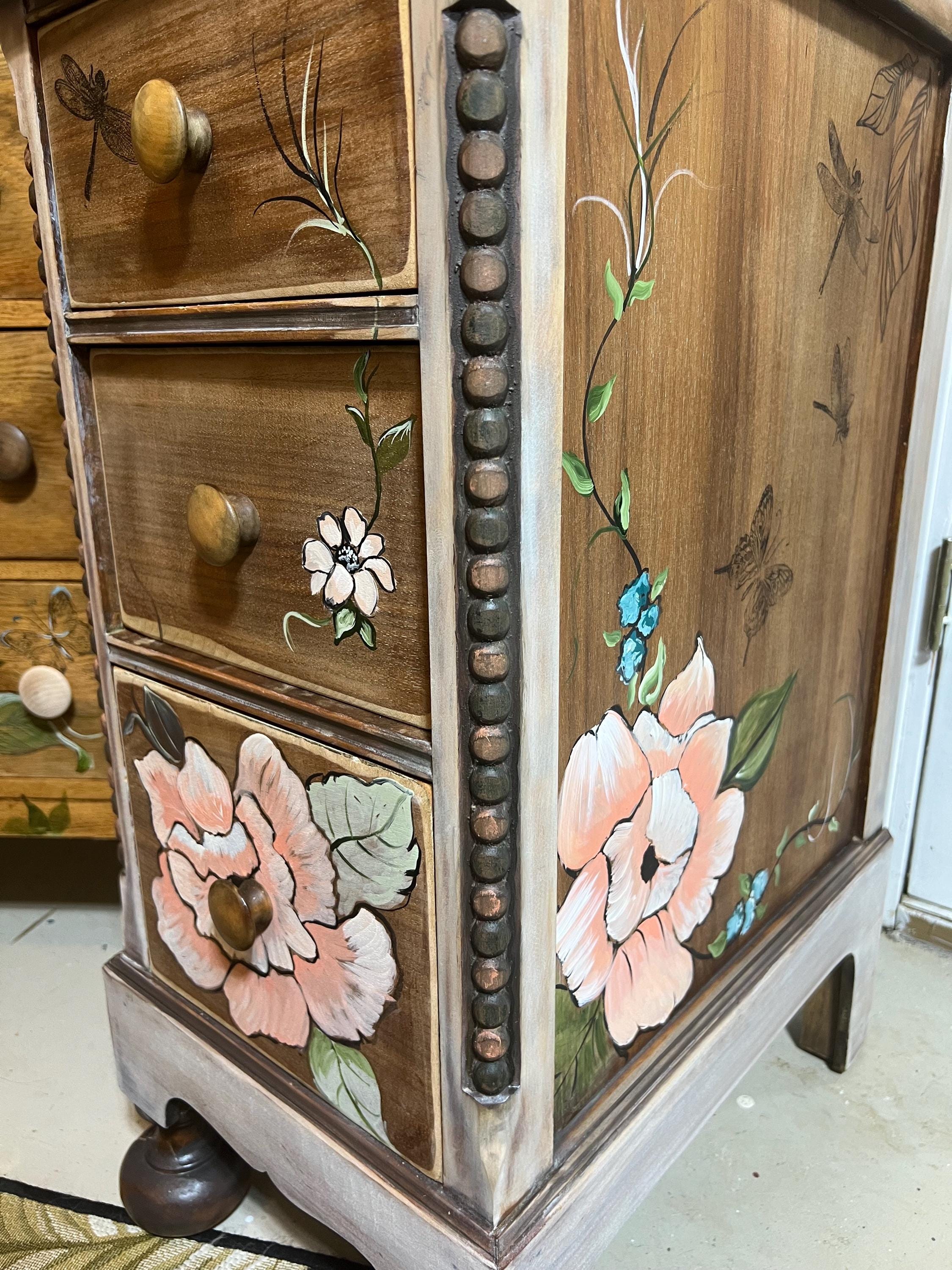 Rustic Chest Side Table Hand-painted Floral Oak Chest & Side Tables | Rustic Artist Furniture ...