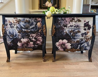 Small Blue Floral Nightstands | Midnight Blue Side Tables | Sold Contact for Custom Order | End Tables | Painted Decoupaged Accent Tables