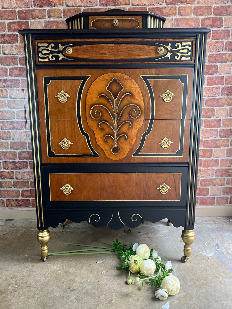 Jacobean Bedroom Suite Black Gold and Natural Wood Vintage Etsy