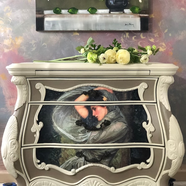Hand-Painted Bombe Chest Custom Order Option | French Provincial Entry Console, Waterhouse Lady Print