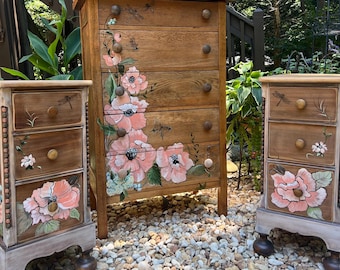 Hand-Painted Floral Oak Chest & Side Tables | Rustic Artist Furniture