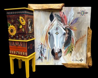 Western Themed Native American Indian Inspired Jewelry Armoire | Native American Indian Inspired Equine Oil Painting | Gift for Her