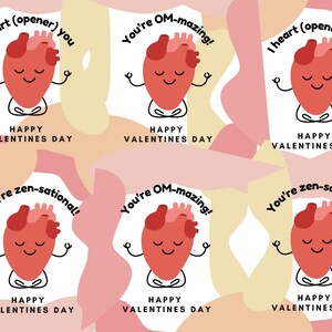 Puede incluir: Seis ilustraciones de un corazón rojo meditando con el texto "I heart (opener) you" y "You're OM-mazing!" y "You're zen-sational!" y "Happy Valentines Day".
