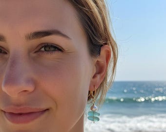 Aqua Blue Sea Glass Freshwater White Pearls Dangle Earrings Gold or Sterling Silver, Beach Wedding, Bride, Bridesmaid