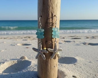 Star Fish Aqua Blue Sea Glass Earrings Sterling Silver, Ocean Coastal Jewelry, Sea, Gift