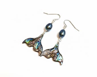 Whales Tail Abalone Freshwater Peacock Pearl Dangle Earrings, Sterling Silver, Coastal, Beach, Gift, June