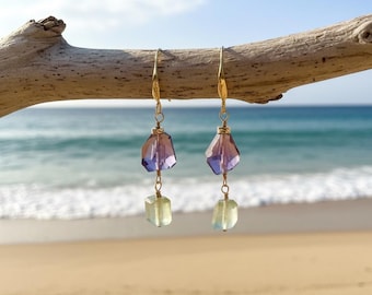 Elegant Baroque Amethyst Green Fluorite 14kt Yellow Gold Earrings, May, February, Gift, Bridesmaid, Purple
