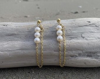 White Round Freshwater Pearls Gold Chain Dangle Earrings, Gift, Bride, Bridesmaid, June Birthstone, Anniversary