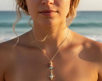 Humpback Whale Pendant, Blue, Aqua, Sea Glass, Heishi Shell, 14kt Gold Fill, Adjustable Necklace
