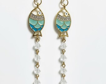 Dangle Earrings, Enamel, Fish, Crystals, Beach, Ocean, Coastal Jewelry