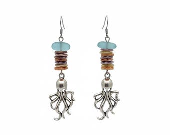 Octopus Sea Glass and Sea Shell Earrings, Silver, Ocean, Coastal, Marine Life, Gift
