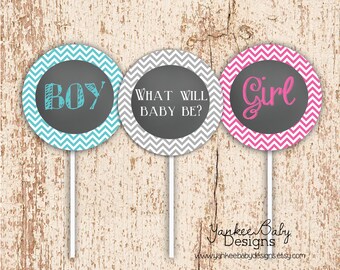 Impreza Chevron Gender Reveal Party - ozdoby na babeczki