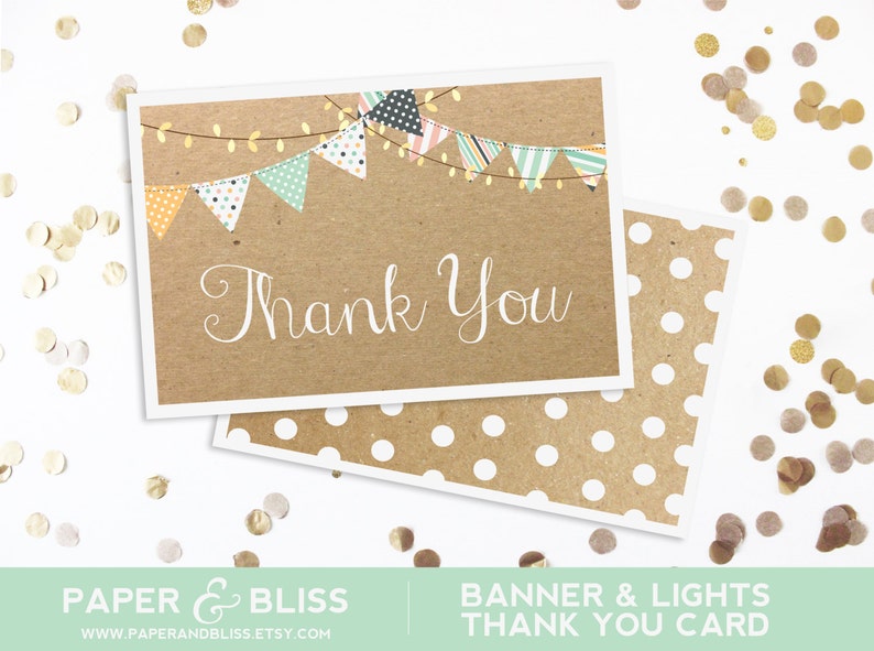 Kraft Paper Gold Instant Download Foldable Thank You Card Mint PRINTABLE Banner /& Lights