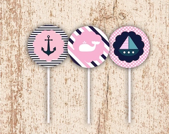 PRINTABLE Girls Nautical Theme - Cupcake Toppers