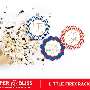 Firecracker Gender Reveal - Cupcake Toppers - PRINTABLE - 4. Juli - Rot, Weiß und Blau