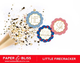 Firecracker Gender Reveal - Cupcake Toppers - PRINTABLE - 4th of July - Red White and Blue