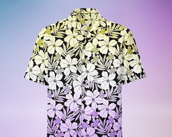 May include: A short-sleeved button-up shirt with a black background and a floral pattern. The flowers are white with purple and yellow accents. The shirt has a gradient effect, with the yellow flowers at the top and the purple flowers at the bottom.