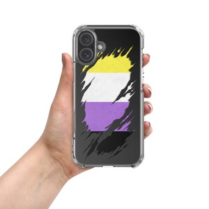 May include: A clear phone case with a black background and a ripped design revealing a yellow, white, and purple flag.