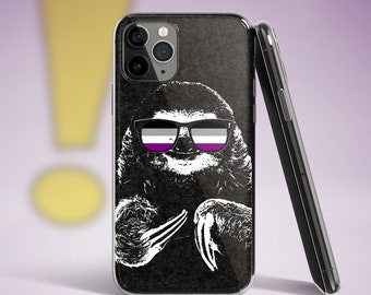 May include: A clear phone case with a black background and a white image of a sloth wearing sunglasses with the asexual pride flag colors. The sloth is looking at the camera and has a relaxed expression.