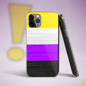 May include: A clear phone case with a yellow, white, purple, and black striped design. The case is designed to fit an iPhone.