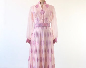 OUT OF SIGHT 1960’s Alfred Shaheen Pleated Pink Organza Maxi Dress M