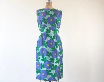 CUTE 1960’s Morning Glory Print Floral Silk Shift Dress S