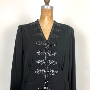 1940s Black Rayon Crepe Peplum Dress W/ Sequins L